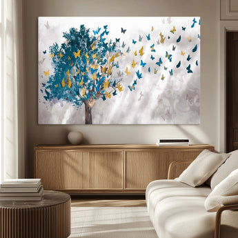 37564-MGV-CV-36X24-Butterfly Tree Wall Art – Modern Nature Canvas Print with Blue and Golden Butterflies, Elegant Decorative Painting for Living Room