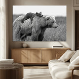 76338-MGV-CV-36X24-Mother Bear and Cub Wall Art – Black and White Wildlife Canvas Print, Rustic Nature Photography for Cabin, Living Room or Office