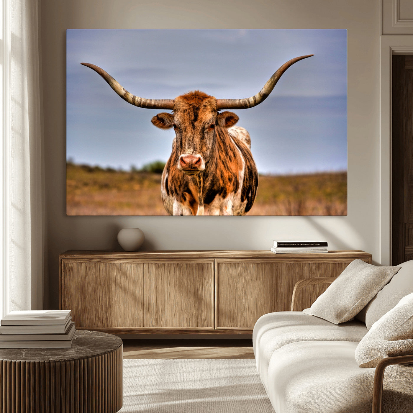 18594-MGV-CV-36X24-Texas Longhorn Bull Wall Art – Rustic Western Cattle Canvas Print, Country Farmhouse Decor for Living Room, Office or Cabin