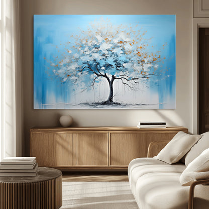 25021-MGV-CV-36X24-Abstract Tree Wall Art – Blue and White Canvas Painting with Gold Accents, Modern Nature-Inspired Artwork for Living Room, Bedroom