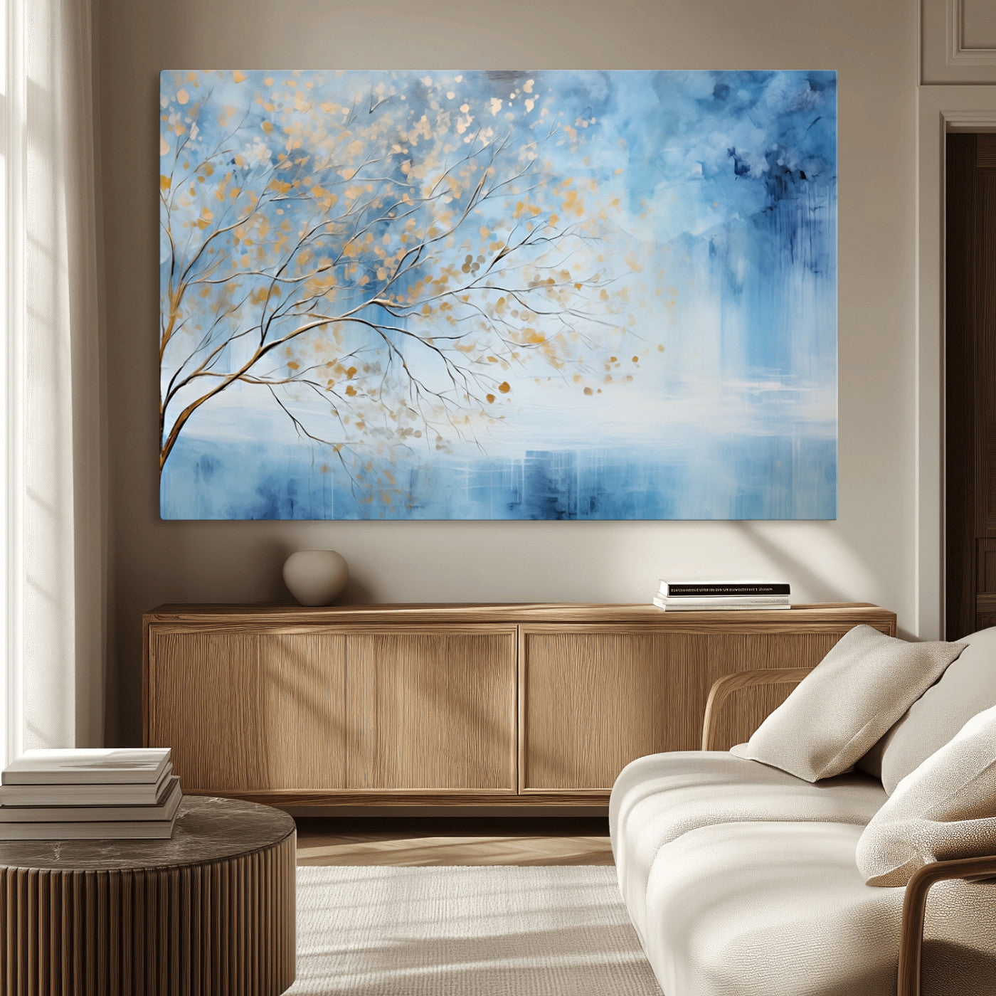 23891-MGV-CV-36X24-Abstract Tree Wall Art – Minimalist Blue and Gold Canvas Painting, Elegant Nature-Inspired Artwork for Living Room, Bedroom or
