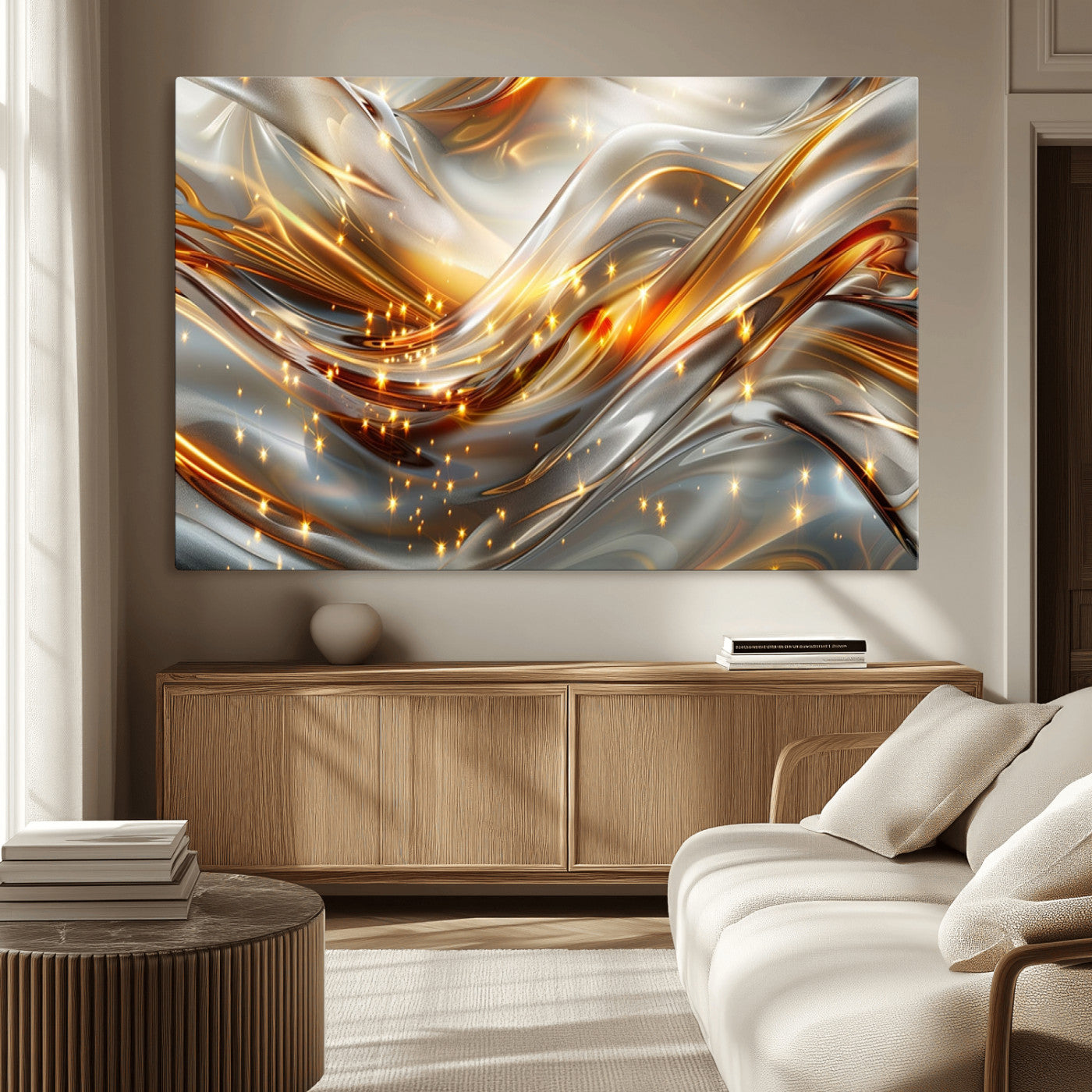 Lines1-MGV-CV-36X24-Abstract Metallic Wall Art – Silver and Gold Wave Canvas Print with Sparkling Accents, Modern Luxury Decor for Living Room, Office