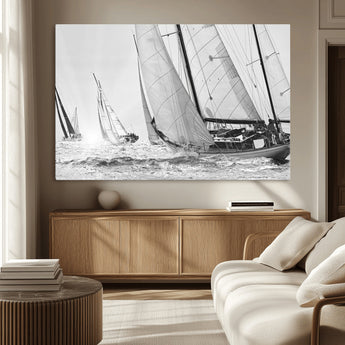 Boat-1-MGV-CV-36X24-Sailboat Racing Wall Art – Nautical Black and White Canvas Print, Ocean Adventure Decor for Office, Living Room or Bedroom