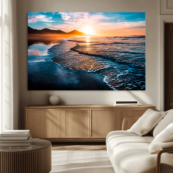 26494-MGV-CV-36X24-Ocean Sunset Wall Art – Scenic Beach Canvas Print with Waves and Mountains, Coastal Seascape Photography for Living Room, Bedroom