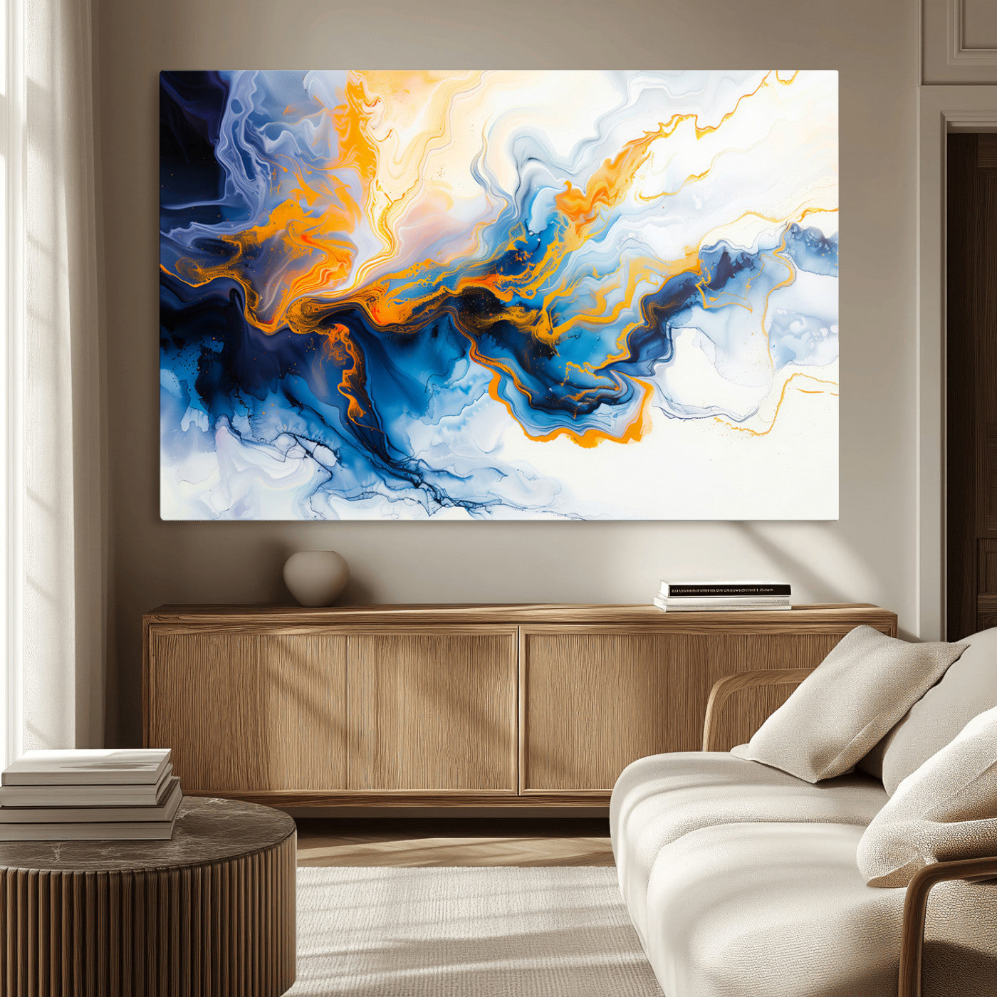 83720-MGV-CV-36X24-Abstract Fluid Wall Art – Blue, White and Gold Swirl Canvas Painting, Modern Contemporary Artwork for Living Room, Bedroom or