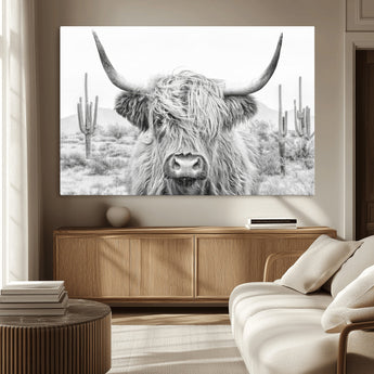 94579-MGV-CV-36X24-Highland Cow Wall Art – Black and White Longhorn Canvas Print, Rustic Western Farmhouse Animal Photography for Living Room,