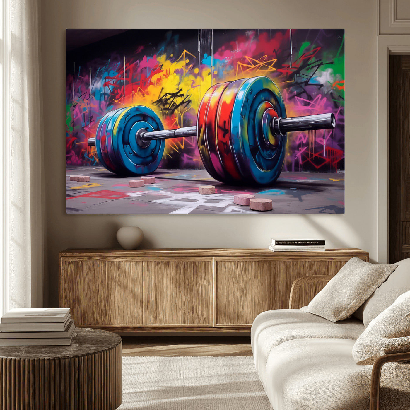 13549-MGV-CV-36X24-Graffiti Gym Wall Art Canvas Print, Framed Graffiti Barbell Art Picture Print, Weightlifting Perfect Fitness Studio Decor Artwork