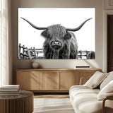 58188-MGV-CV-36X24-Highland Cow Wall Art – Black and White Rustic Farmhouse Canvas Print, Longhorn Cattle Photography Decor for Living Room or