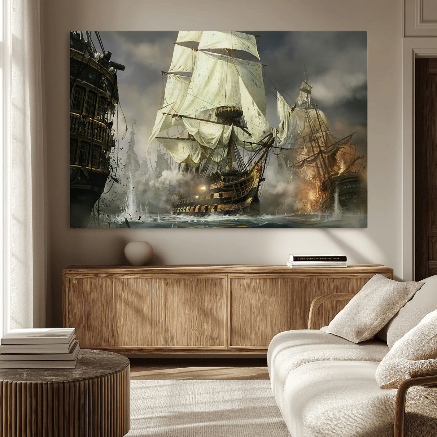 26512-MGV-CV-36X24-Naval Battle Wall Art – Dramatic Tall Ship Canvas Print, Historic Pirate Sailing War Scene, Nautical Decor for Office, Study or