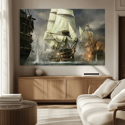 26512-MGV-CV-36X24-Naval Battle Wall Art – Dramatic Tall Ship Canvas Print, Historic Pirate Sailing War Scene, Nautical Decor for Office, Study or