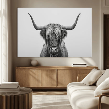 35820-MGV-CV-36X24-Minimalist Highland Cow Wall Art – Black and White Longhorn Cattle Canvas Print, Modern Farmhouse Animal Photography Decor for