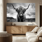 17924-MGV-CV-36X24-Highland Cow Wall Art – Black and White Rustic Longhorn Cattle Canvas Print, Farmhouse Animal Photography Decor for Country Home