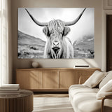 80564-MGV-CV-36X24-Highland Cow Wall Art – Black and White Scottish Highland Canvas Print, Rustic Farmhouse Decor for Living Room, Bedroom or Office