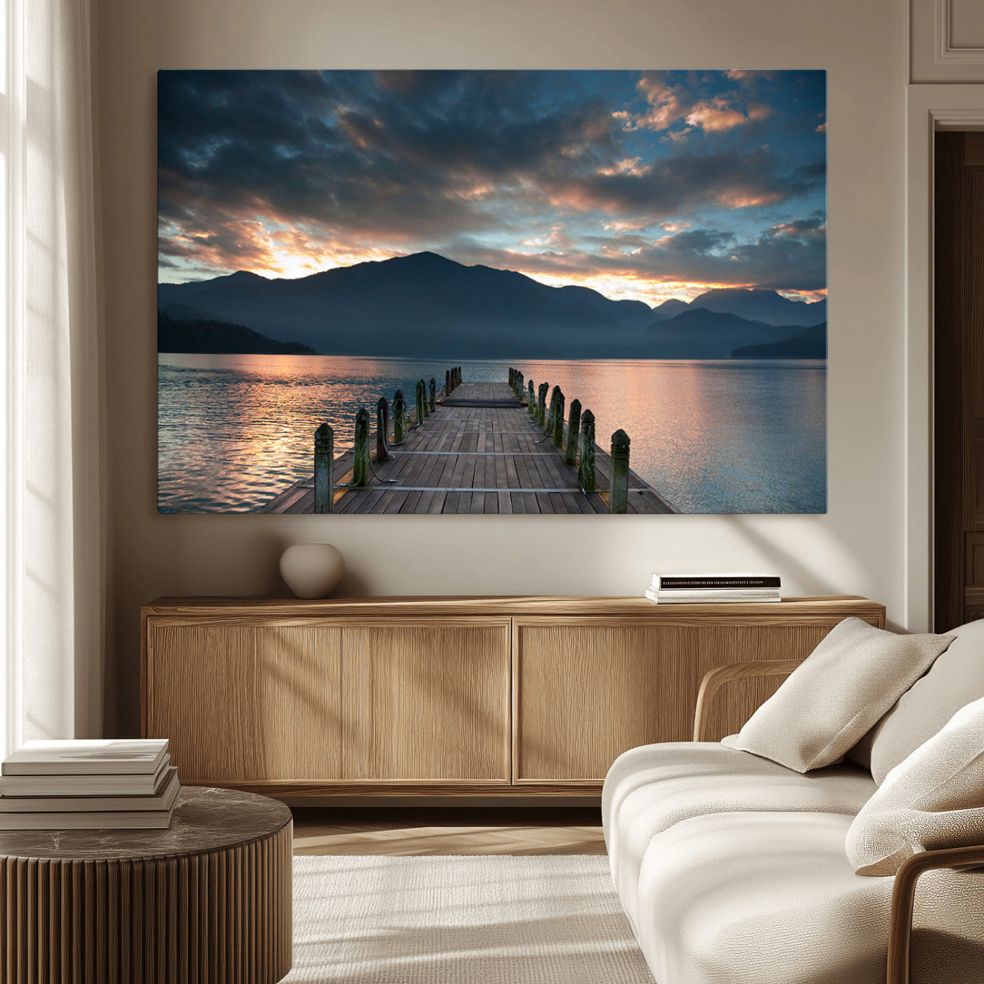 20442-MGV-CV-36X24-Lakeside Sunset Dock Wall Art – Peaceful Mountain Lake Canvas Print, Serene Nature Landscape Decor for Living Room, Bedroom or