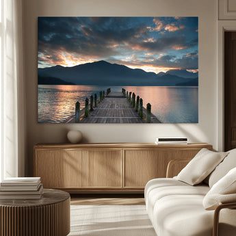 20442-MGV-CV-36X24-Lakeside Sunset Dock Wall Art – Peaceful Mountain Lake Canvas Print, Serene Nature Landscape Decor for Living Room, Bedroom or