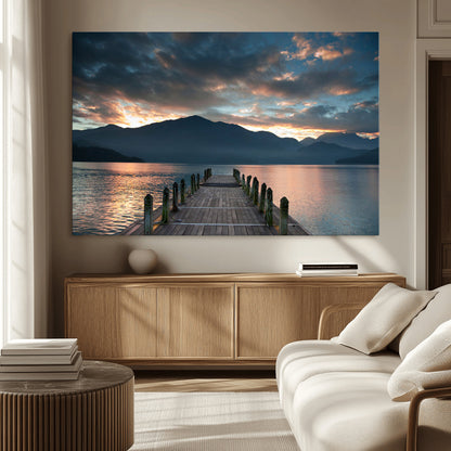20442-MGV-CV-36X24-Lakeside Sunset Dock Wall Art – Peaceful Mountain Lake Canvas Print, Serene Nature Landscape Decor for Living Room, Bedroom or