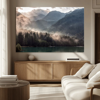 61116-MGV-CV-36X24-Misty Mountain Lake Wall Art – Tranquil Foggy Forest and Lake Canvas Print, Scenic Nature Landscape Decor for Living Room or