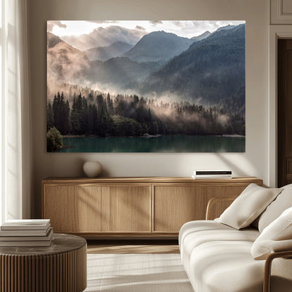 61116-MGV-CV-36X24-Misty Mountain Lake Wall Art – Tranquil Foggy Forest and Lake Canvas Print, Scenic Nature Landscape Decor for Living Room or