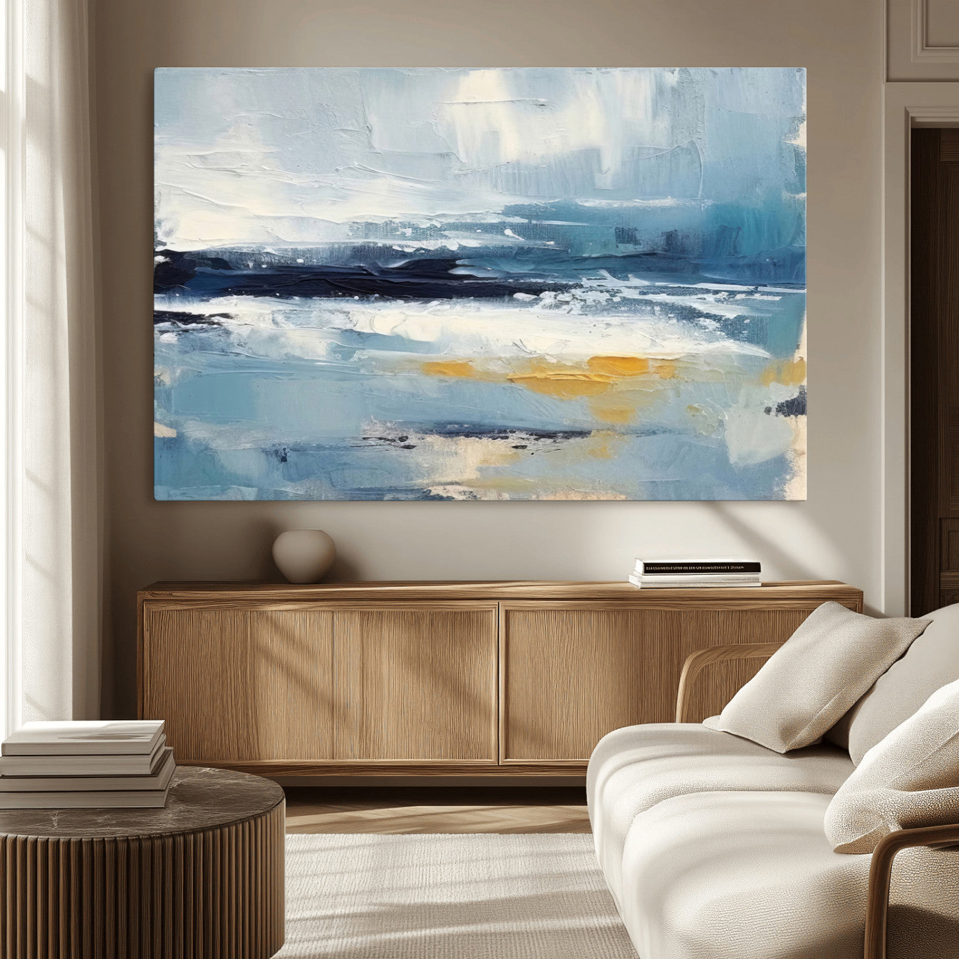 19746-MGV-CV-36X24-Abstract Ocean Wall Art – Modern Coastal Canvas Print with Blue, White and Gold Textures, Contemporary Seascape Painting for