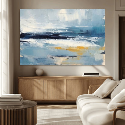 19746-MGV-CV-36X24-Abstract Ocean Wall Art – Modern Coastal Canvas Print with Blue, White and Gold Textures, Contemporary Seascape Painting for