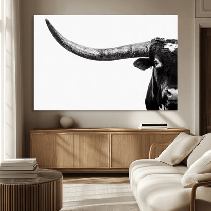 31699-MGV-CV-36X24-Longhorn Wall Art – Black and White Texas Longhorn Cow Canvas Print, Rustic Western Farmhouse Artwork for Living Room, Bedroom or