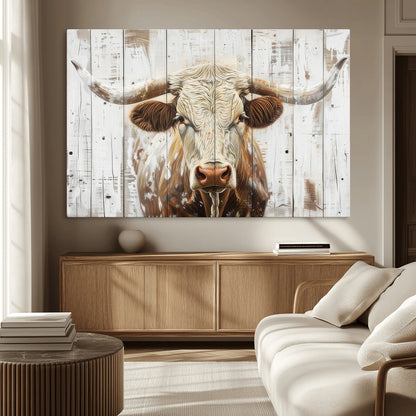 71551-MGV-CV-36X24-Longhorn Bull Wall Art – Rustic Western Cow Canvas Print, Farmhouse Animal Painting with Wood Plank Style for Living Room, Office