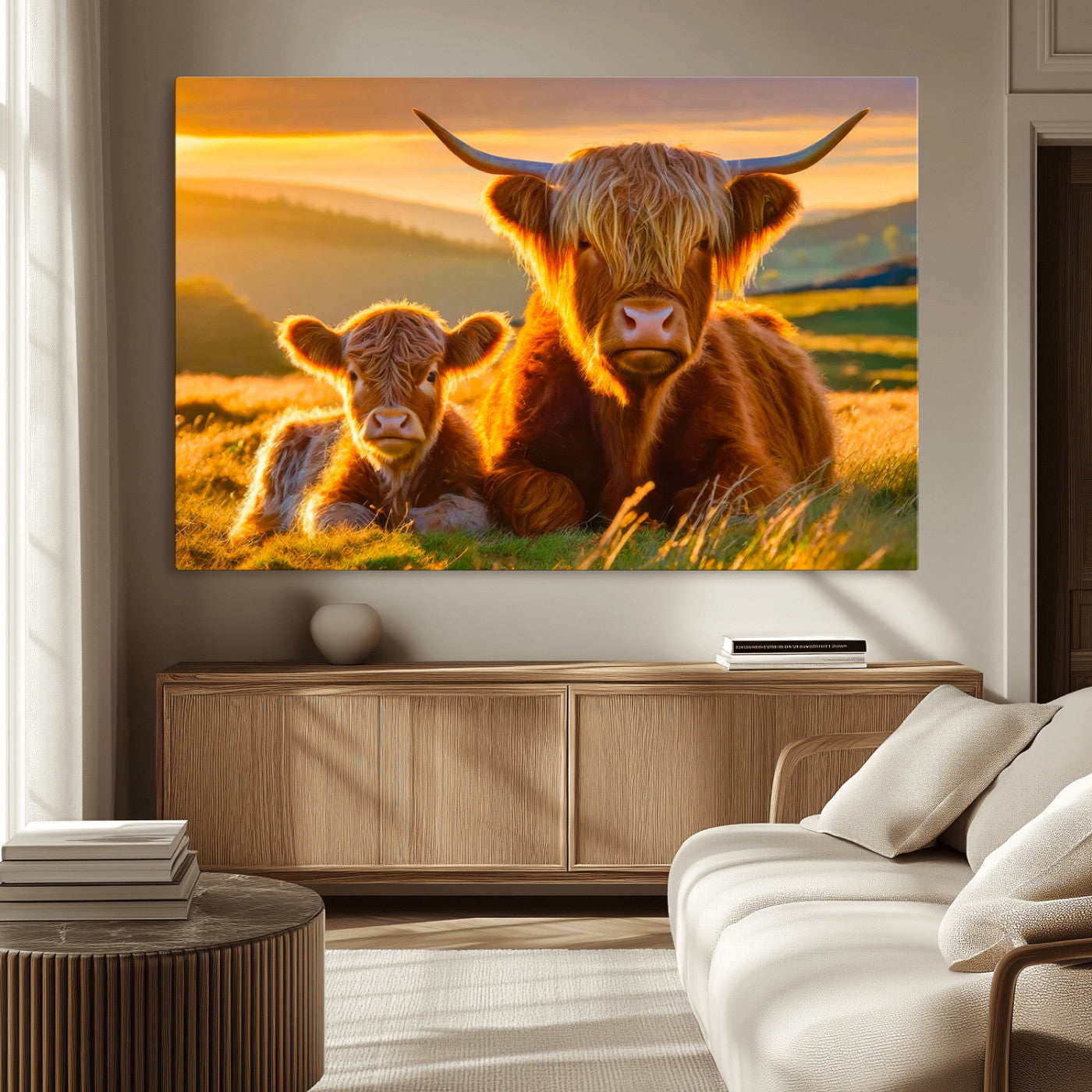 20567-MGV-CV-36X24-Highland Cow and Calf Wall Art – Rustic Farmhouse Sunset Cattle Canvas Print, Country Animal Artwork for Living Room, Bedroom, or
