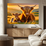 20567-MGV-CV-36X24-Highland Cow and Calf Wall Art – Rustic Farmhouse Sunset Cattle Canvas Print, Country Animal Artwork for Living Room, Bedroom, or