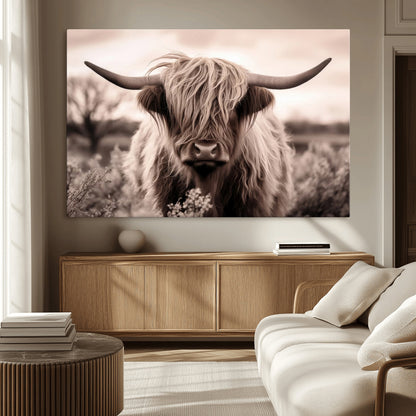 55903-MGV-CV-36X24-Highland Cow Wall Art – Rustic Sepia Scottish Highland Bull Canvas Print, Farmhouse Country Animal Decor for Living Room, Bedroom