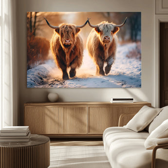 94810-MGV-CV-36X24-Highland Cow Wall Art – Rustic Canvas Print Two Cattle Snow Path Sunset, Farmhouse Country Decor for Living Room, Bedroom, Office,