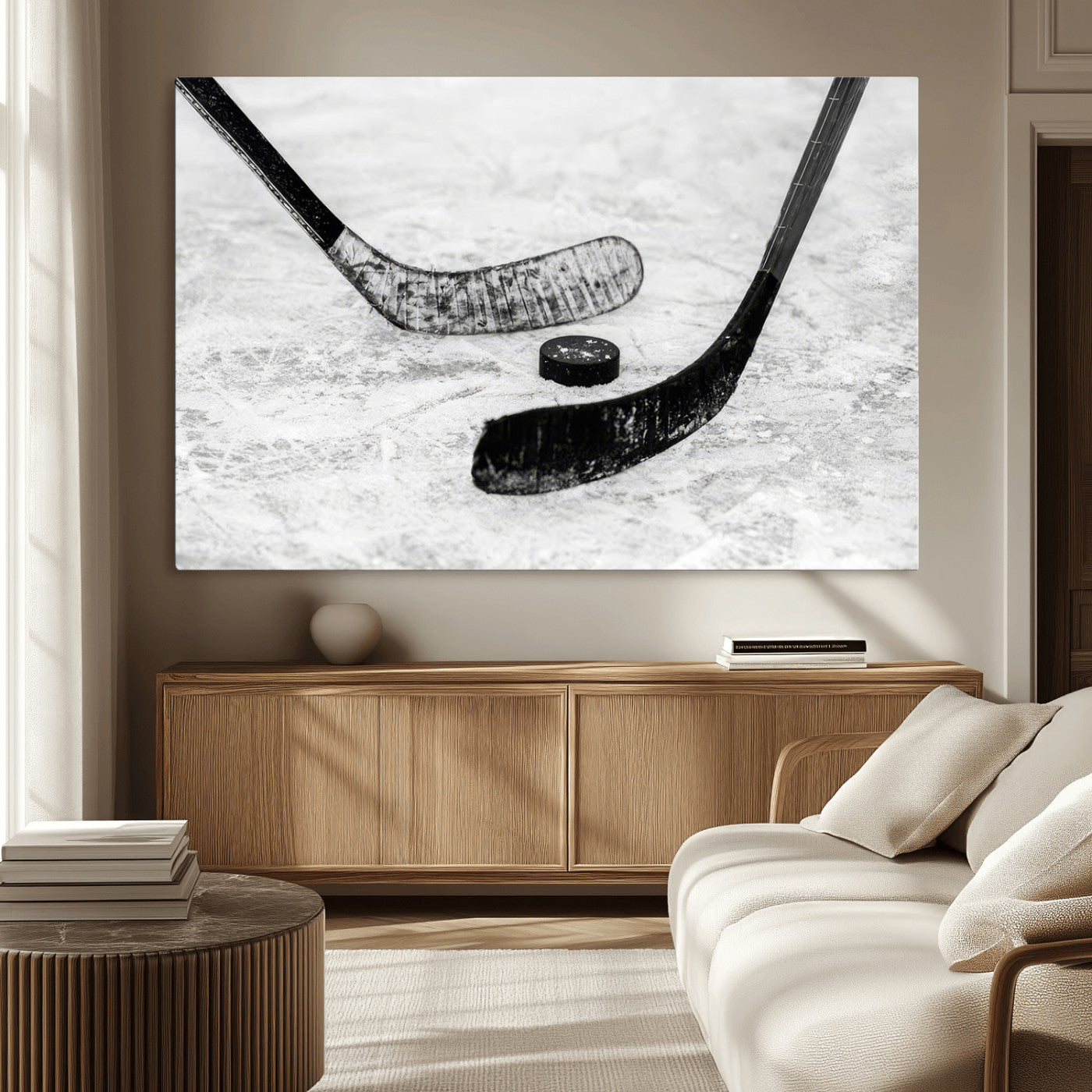 82900-MGV-CV-36X24-Hockey Wall Art – Black and White Canvas Print Ice Rink Sticks Puck Sports Photography, Modern Decor for Game Room, Man Cave,