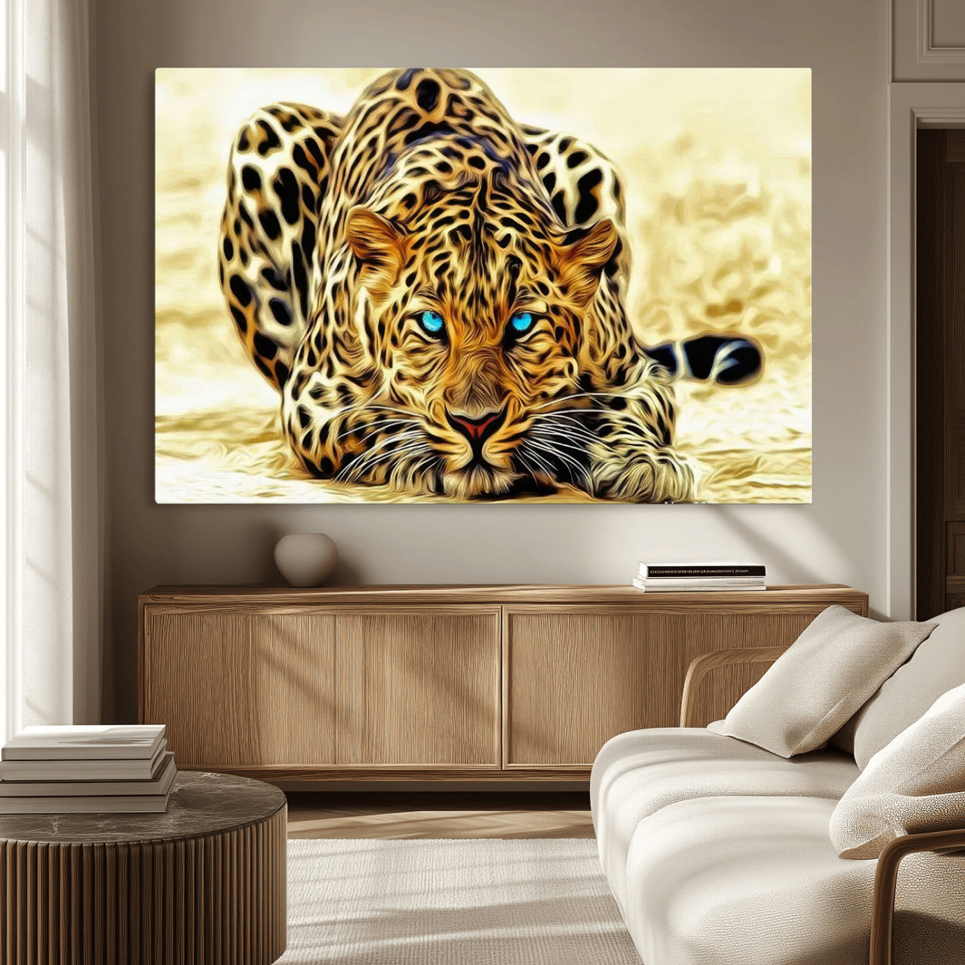 45281-MGV-CV-36X24-Blue Eye Leopard Wall Art Canvas Print, Framed Leopard Painting Art Picture Print, Big Cat Perfect Safari Wildlife Decor Artwork