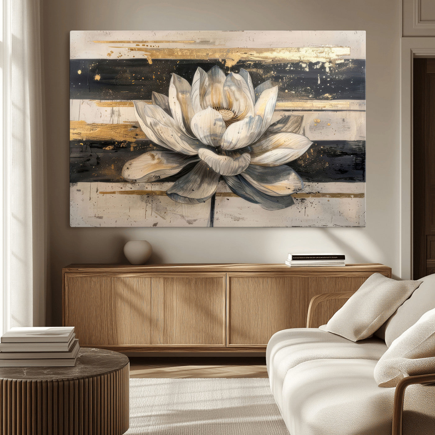 18807-MGV-CV-36X24-Lotus Flower Wall Art Canvas Print, Framed Abstract Lotus Art Picture Print, White Lotus Flower Perfect Abstract Floral Decor