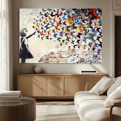 97895-MGV-CV-36X24-Girl with Butterflies Wall Art – Colorful Street Art Style Canvas Print, Modern Graffiti-Inspired Butterfly Artwork for Living