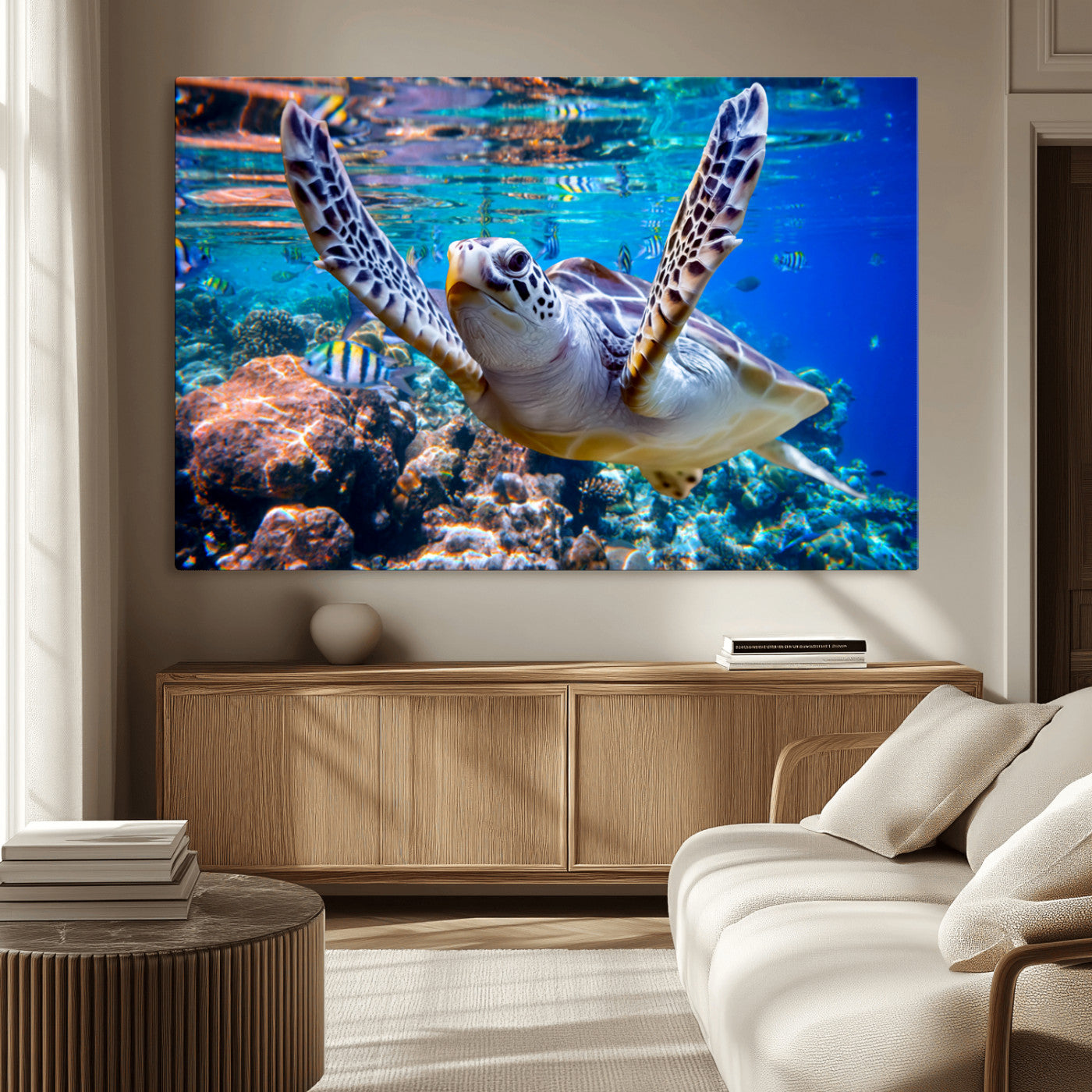 12683-MGV-CV-36X24-Sea Turtle Wall Art – Graceful Ocean Canvas Print with Coral Reef and Tropical Fish, Coastal Marine Life Decor for Beach House,