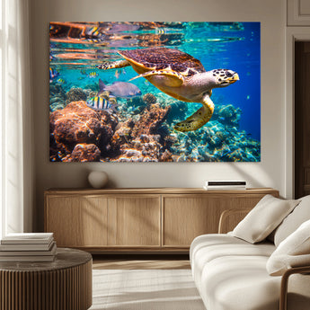 66614-MGV-CV-36X24-Sea Turtle Wall Art – Hawksbill Turtle Swimming Over Coral Reef Canvas Print, Ocean Marine Life Decor for Beach House, Coastal
