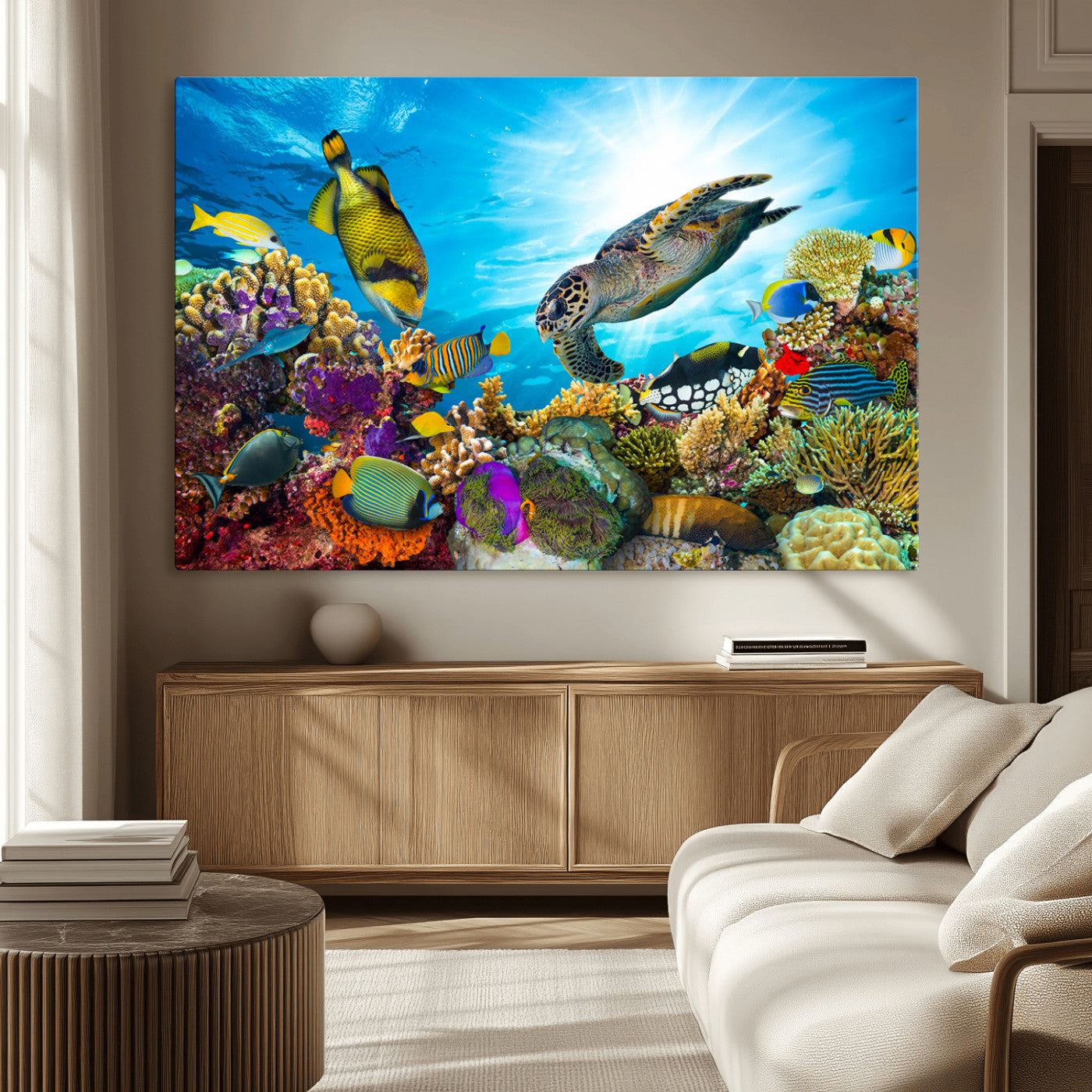 44772-MGV-CV-36X24-Underwater Sea Turtle Wall Art – Vibrant Coral Reef and Tropical Fish Canvas Print, Ocean Marine Life Decor for Living Room,