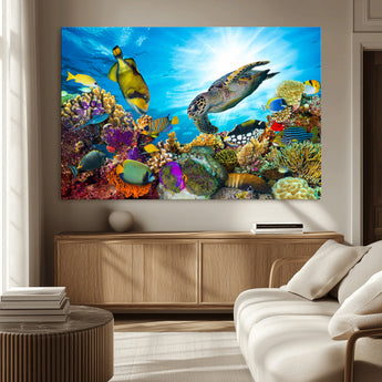 44772-MGV-CV-36X24-Underwater Sea Turtle Wall Art – Vibrant Coral Reef and Tropical Fish Canvas Print, Ocean Marine Life Decor for Living Room,