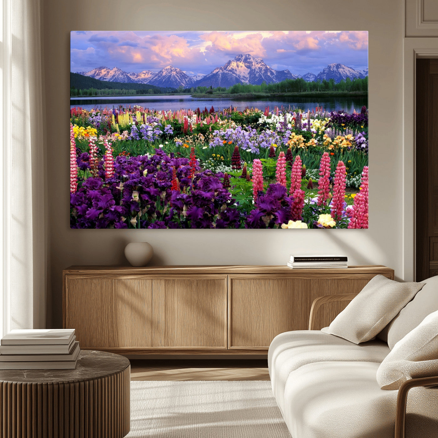 82270-MGV-CV-36X24-Colorful Wildflower Meadow Landscape Wall Art – Snow-Capped Mountain Lake Sunset Print, Vibrant Nature Artwork for Living Room,