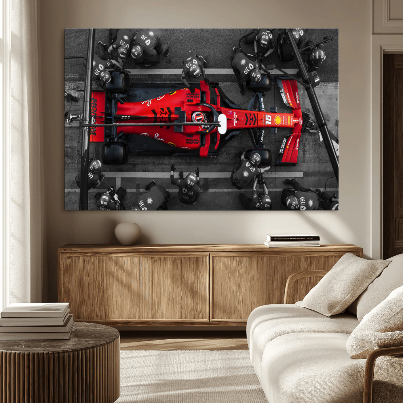 99356-MGV-CV-36X24-Ferrari Pit Stop Wall Art – Formula 1 Racing Car Canvas Print, Red Speed Machine Motorsport Decor for Office, Garage, Man Cave or
