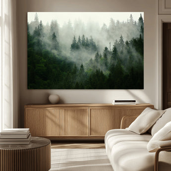 167720496-MGV-CV-36X24-Misty Forest Wall Art – Serene Evergreen Trees Canvas Print, Foggy Mountain Nature Landscape Decor for Bedroom, Living Room or