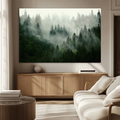 167720496-MGV-CV-36X24-Misty Forest Wall Art – Serene Evergreen Trees Canvas Print, Foggy Mountain Nature Landscape Decor for Bedroom, Living Room or