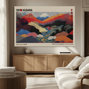 49228-MGV-FC-93X47-3P_Black-Kusama Wall Art – Vibrant Japanese Landscape Canvas Print, Modern Abstract Mountain and River Decor for Living Room, Office or Art