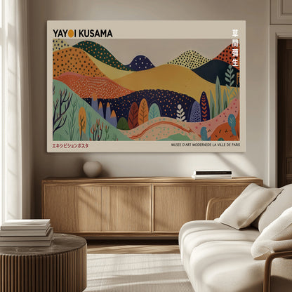 11242-MGV-CV-36X24-Kusama Wall Art – Abstract Colorful Hills Canvas Print, Modern Japanese Inspired Landscape Poster for Living Room, Office or