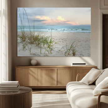 Test1001-MGV-CV-36X24-Coastal Beach Wall Art – Panoramic Ocean Waves and Sandy Dunes Canvas Print, Serene Seascape with Sea Oats for Relaxing Home or