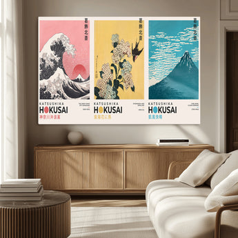 Katsushika-MGV-CV-36X24-Katsushika Hokusai Wall Art Set – The Great Wave, Hydrangea and Swallow, Fine Wind Canvas Prints, Japanese Ukiyo e Style Home and