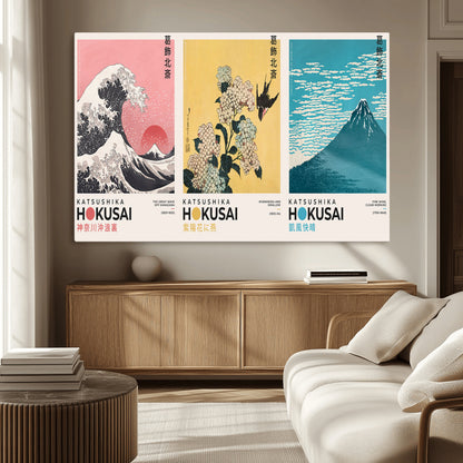 Katsushika-MGV-CV-36X24-Katsushika Hokusai Wall Art Set – The Great Wave, Hydrangea and Swallow, Fine Wind Canvas Prints, Japanese Ukiyo e Style Home and