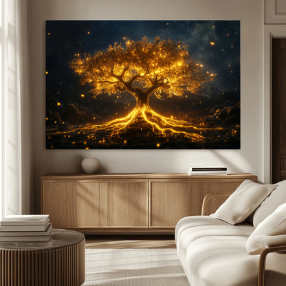 60194-MGV-CV-36X24-Glowing Tree Wall Art – Golden Roots Fantasy Canvas Print, Mystical Illuminated Tree Painting Poster for Living Room, Bedroom,