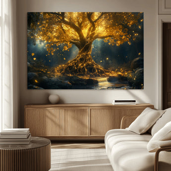92739-MGV-CV-36X24-Glowing Tree Wall Art – Enchanted Golden Forest Canvas Print, Mystical Illuminated Nature Painting Poster for Living Room,