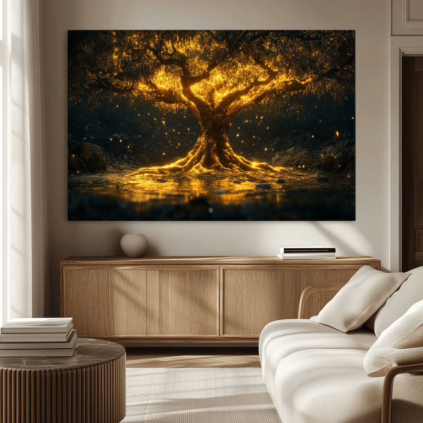 59580-MGV-CV-36X24-Glowing Tree Wall Art – Golden Fantasy Nature Canvas Print, Mystical Illuminated Tree Painting Poster for Living Room, Bedroom,